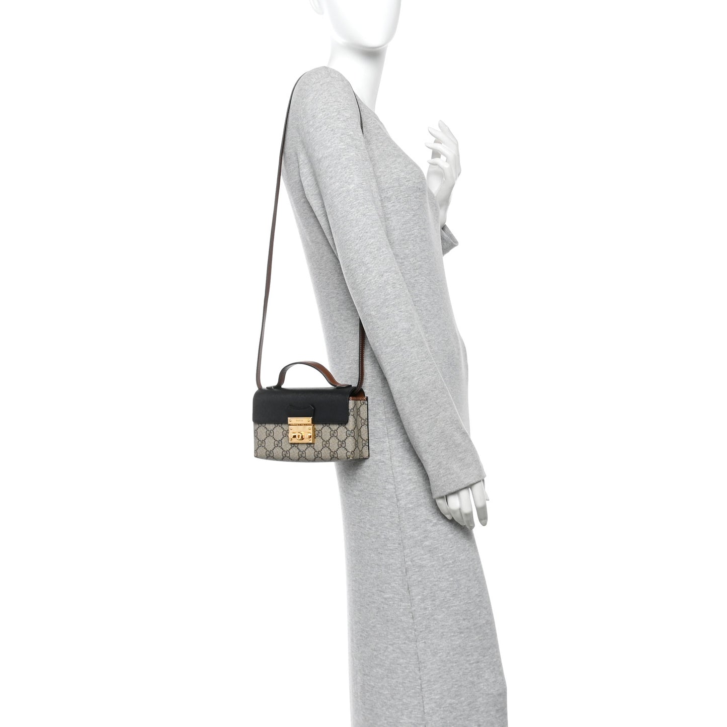 GG Supreme Monogram Calfskin Mini Padlock Top Handle Shoulder Bag Beige Black Cuir