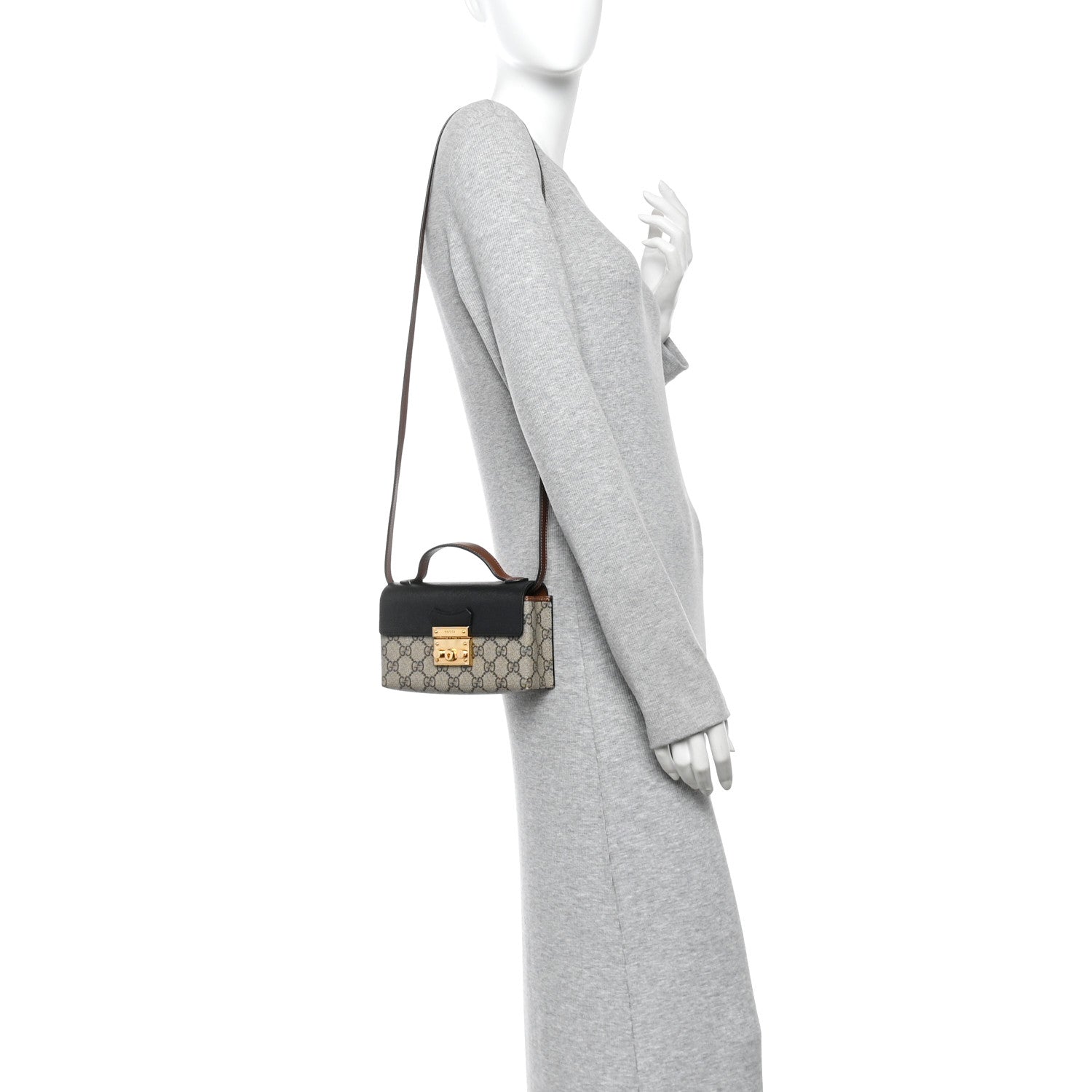 Gucci GG Supreme Monogram Calfskin Mini Padlock Top Handle Shoulder Bag Beige Black Cuir 2 of 15