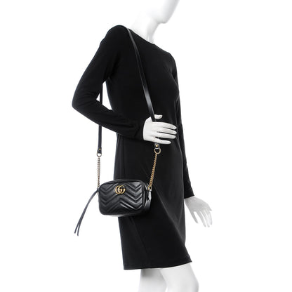 Gucci Calfskin Matelasse Mini GG Marmont Chain Shoulder Bag Black 2 of 10