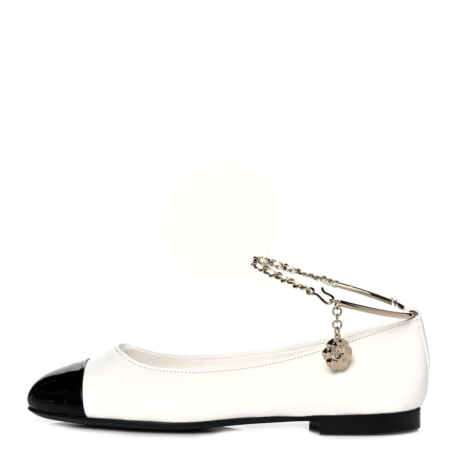 Chanel Lambskin Patent Calfskin Cap Toe Ankle Chain Ballerina Flats 37.5 White Black 1 of 10