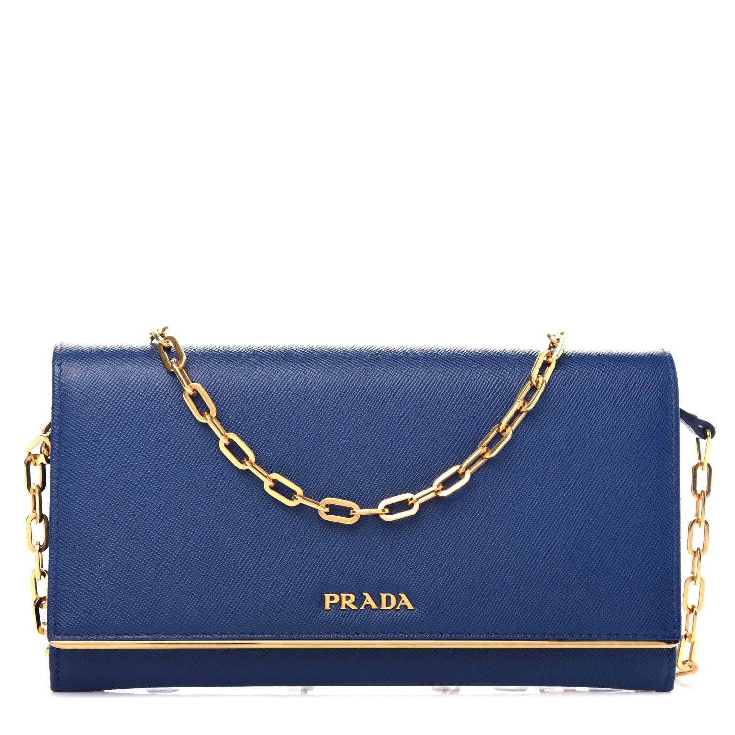 Prada Saffiano Metal Bar Chain Wallet Bleuette 1 of 10