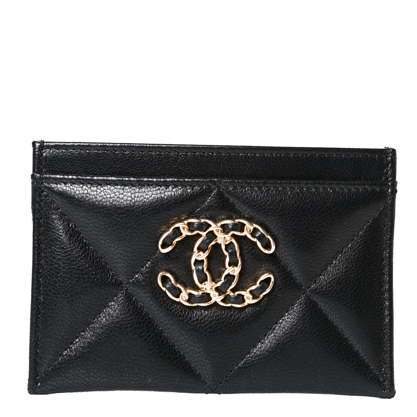 Shiny Goatskin Quilted Chanel 19 Card Holder Black