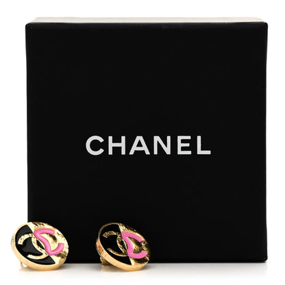 Chanel Metal Enamel CC Round Earrings Gold Pink Black 5 of 5