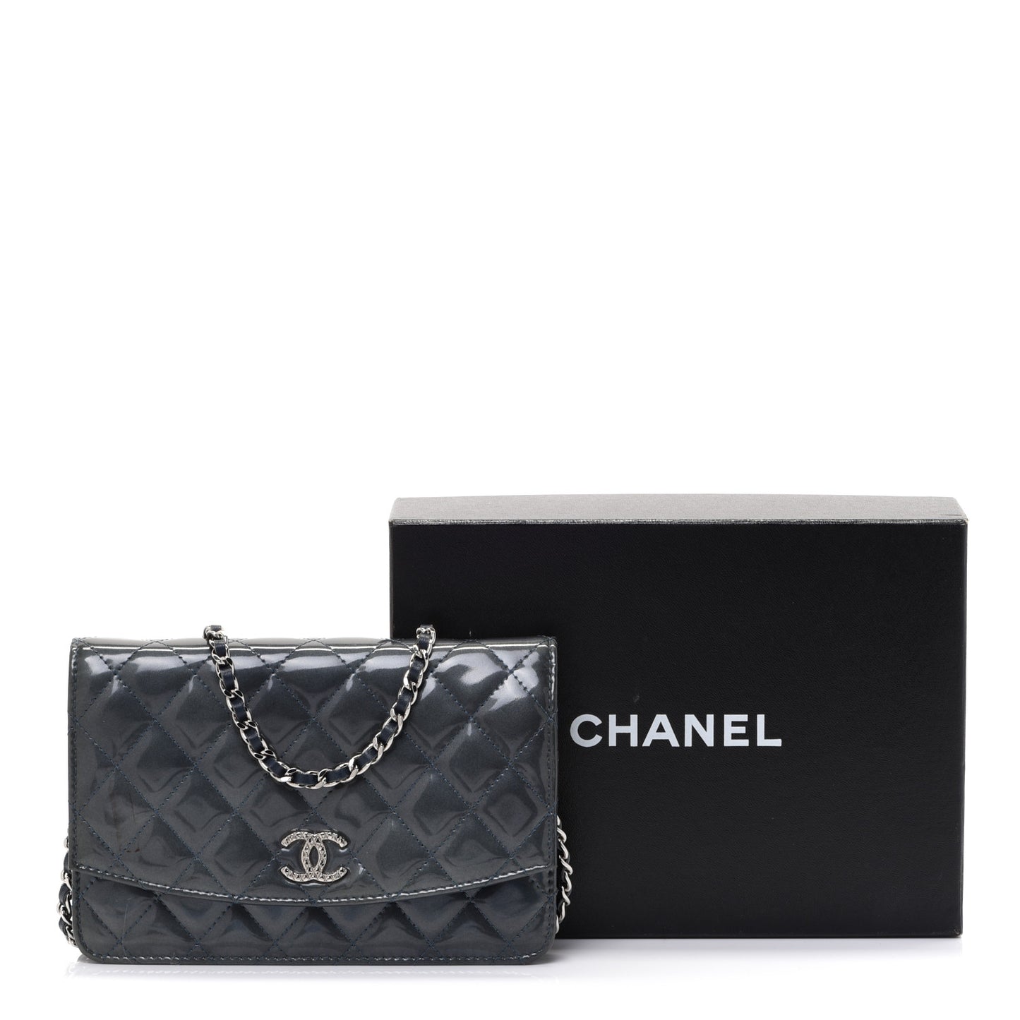 Patent Quilted Brilliant Wallet On Chain WOC Dark Blue
