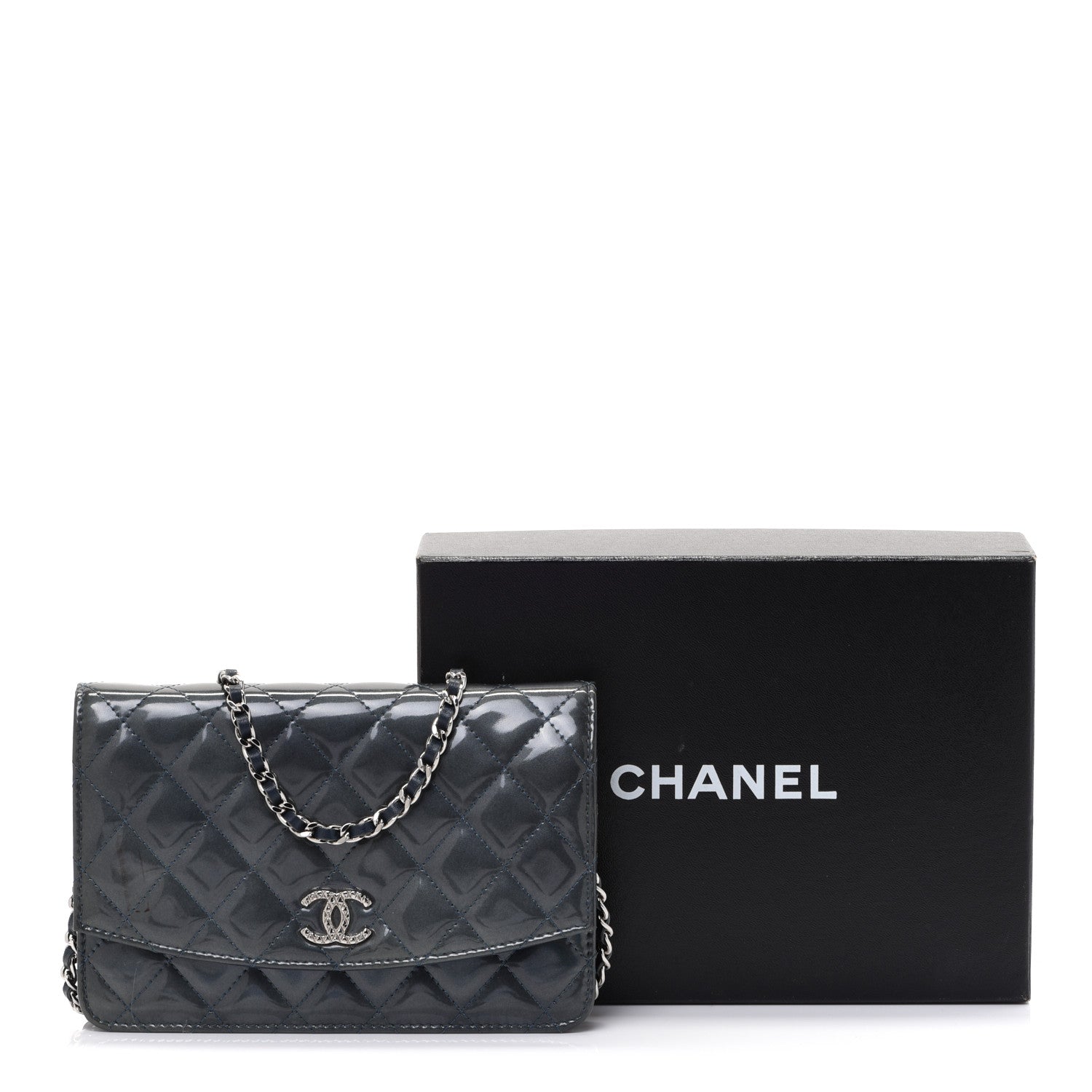 Chanel Patent Quilted Brilliant Wallet On Chain WOC Dark Blue 14 of 14
