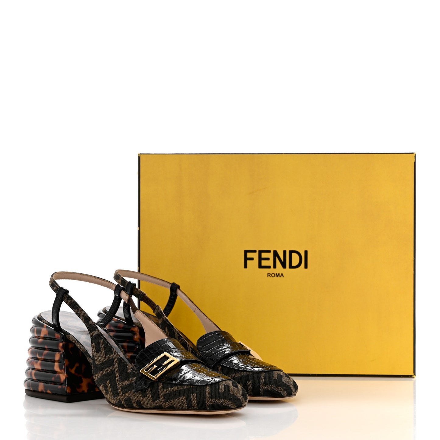 Calfskin Crocodile Embossed Promenade Slingback Loafer Pumps 38 Black Dark Brown Tobacco
