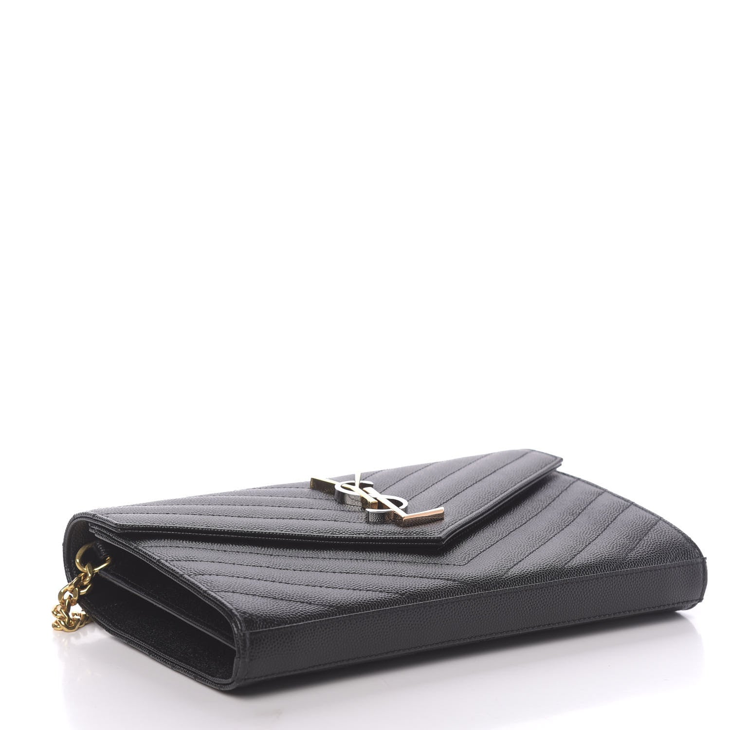 Saint Laurent Grain De Poudre Matelasse Chevron Tri-Metal Monogram Chain Wallet Black 4 of 11