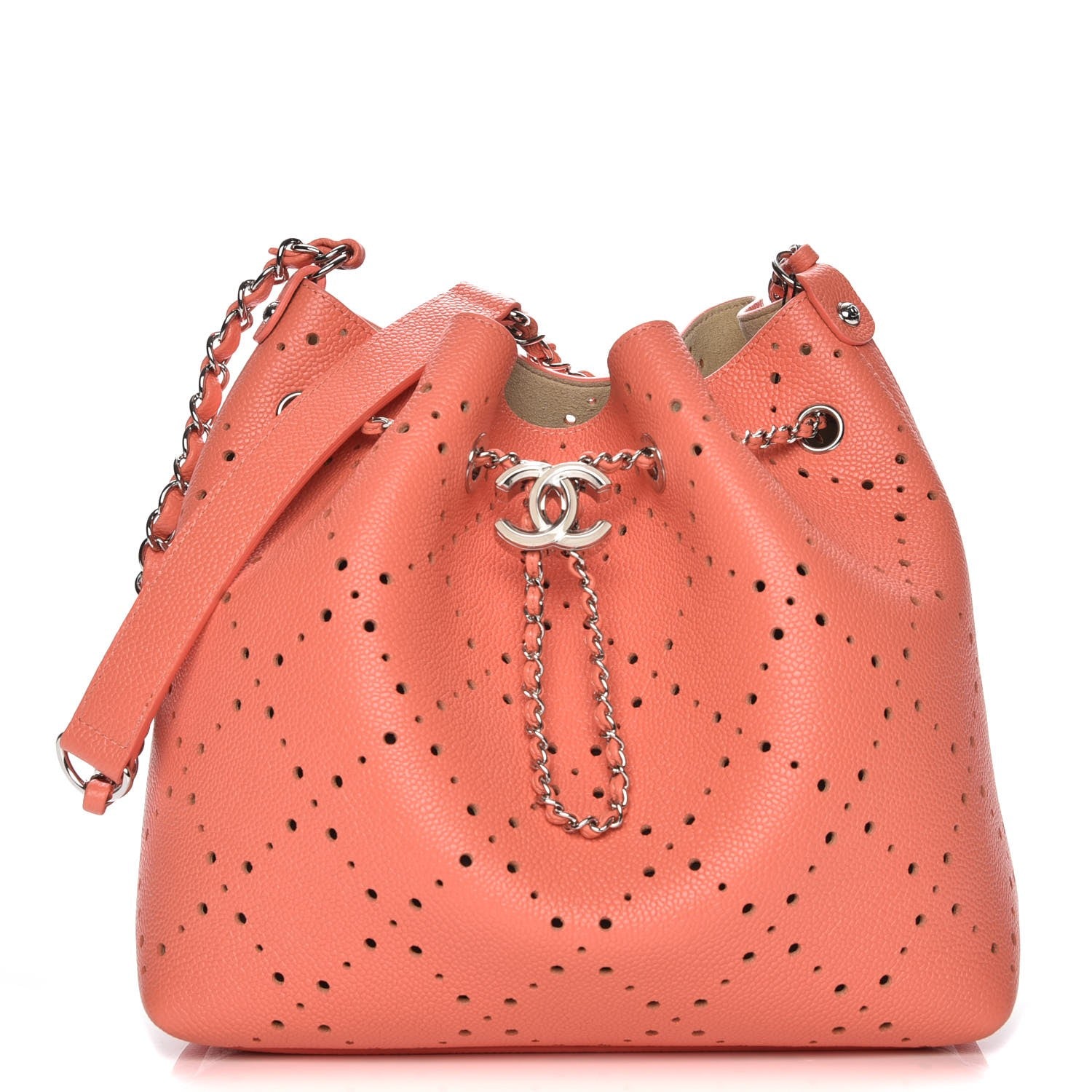 Chanel Caviar Perforated Drawstring CC Bag Coral Beige 1 of 9