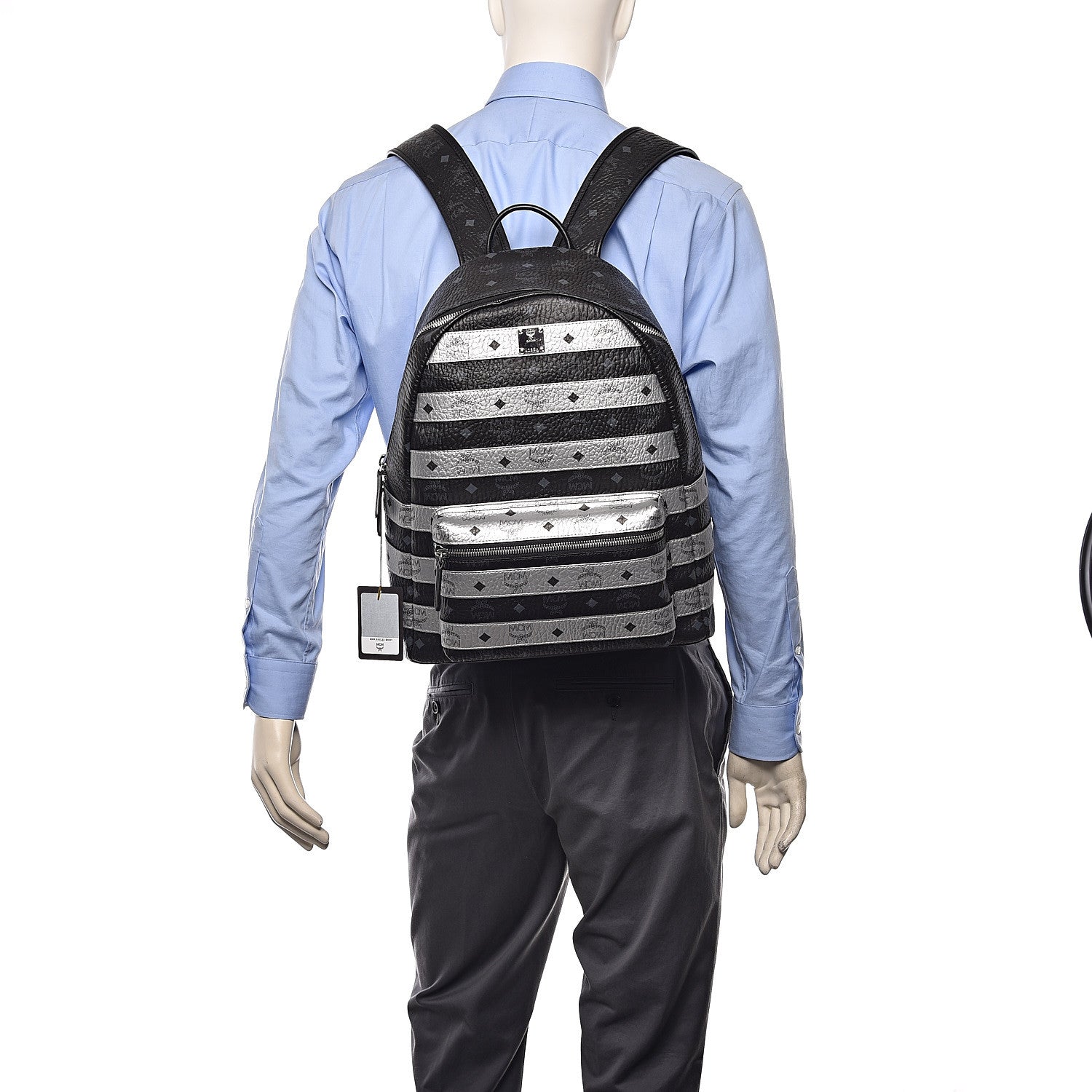 MCM Metallic Visetos Striped Medium Stark Backpack Silver Black 2 of 12