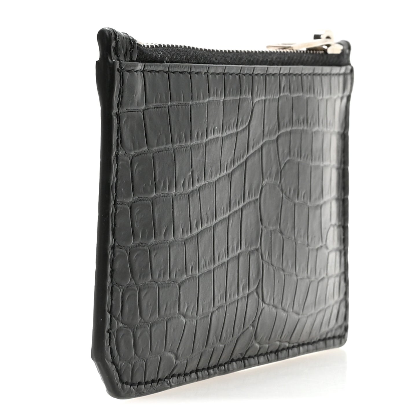 Calfskin Crocodile Embossed 5 Fragments Zip Pouch Card Holder Black