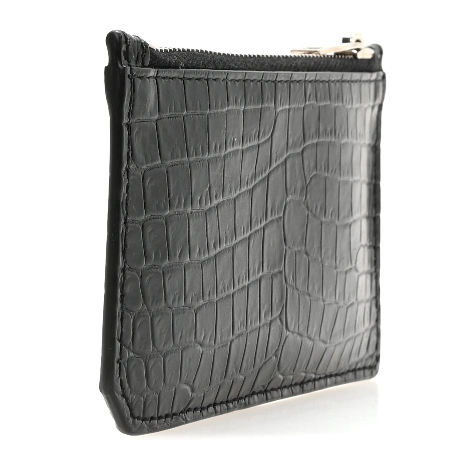 Saint Laurent Calfskin Crocodile Embossed 5 Fragments Zip Pouch Card Holder Black 3 of 8