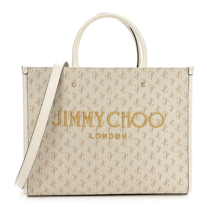 Jimmy Choo JC Logo Jacquard Lurex Soft Shiny Calfskin Medium Varenne Tote Bag Latte Gold Light Gold 1 of 9