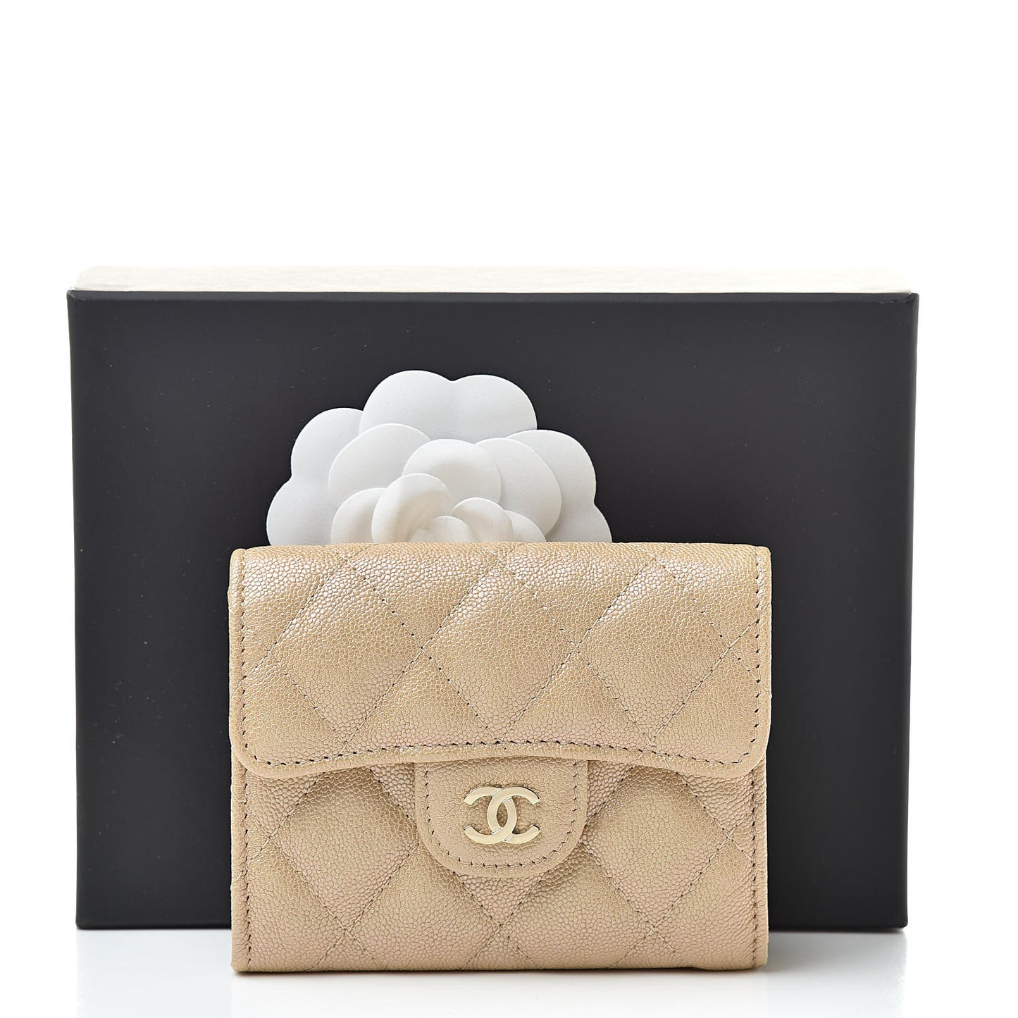 Iridescent Caviar Quilted Flap Card Holder Wallet Beige