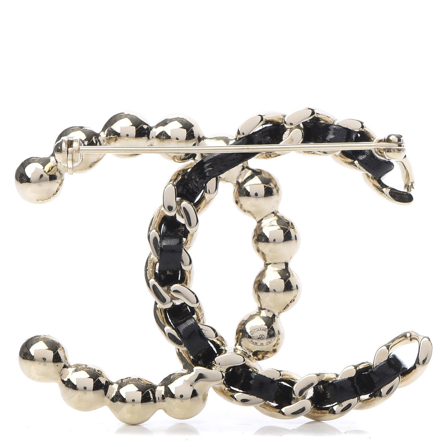 Lambskin Pearl CC Chain Brooch Black Gold