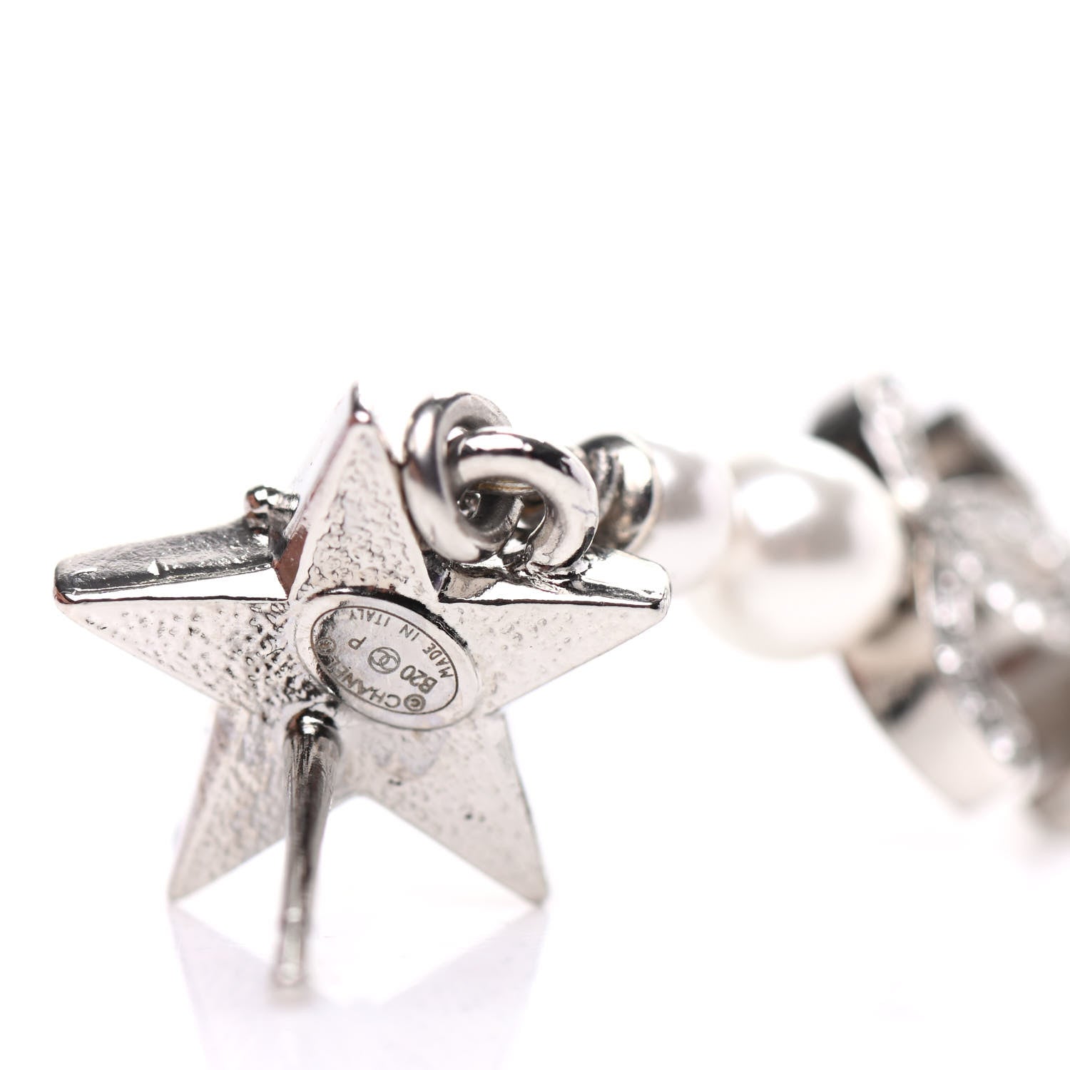 Chanel Crystal Pearl CC Star Drop Earrings Silver 4 of 5