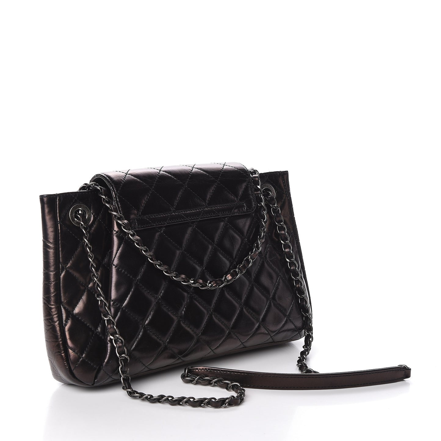 Glazed Calfskin Quilted Accordion Flap Black