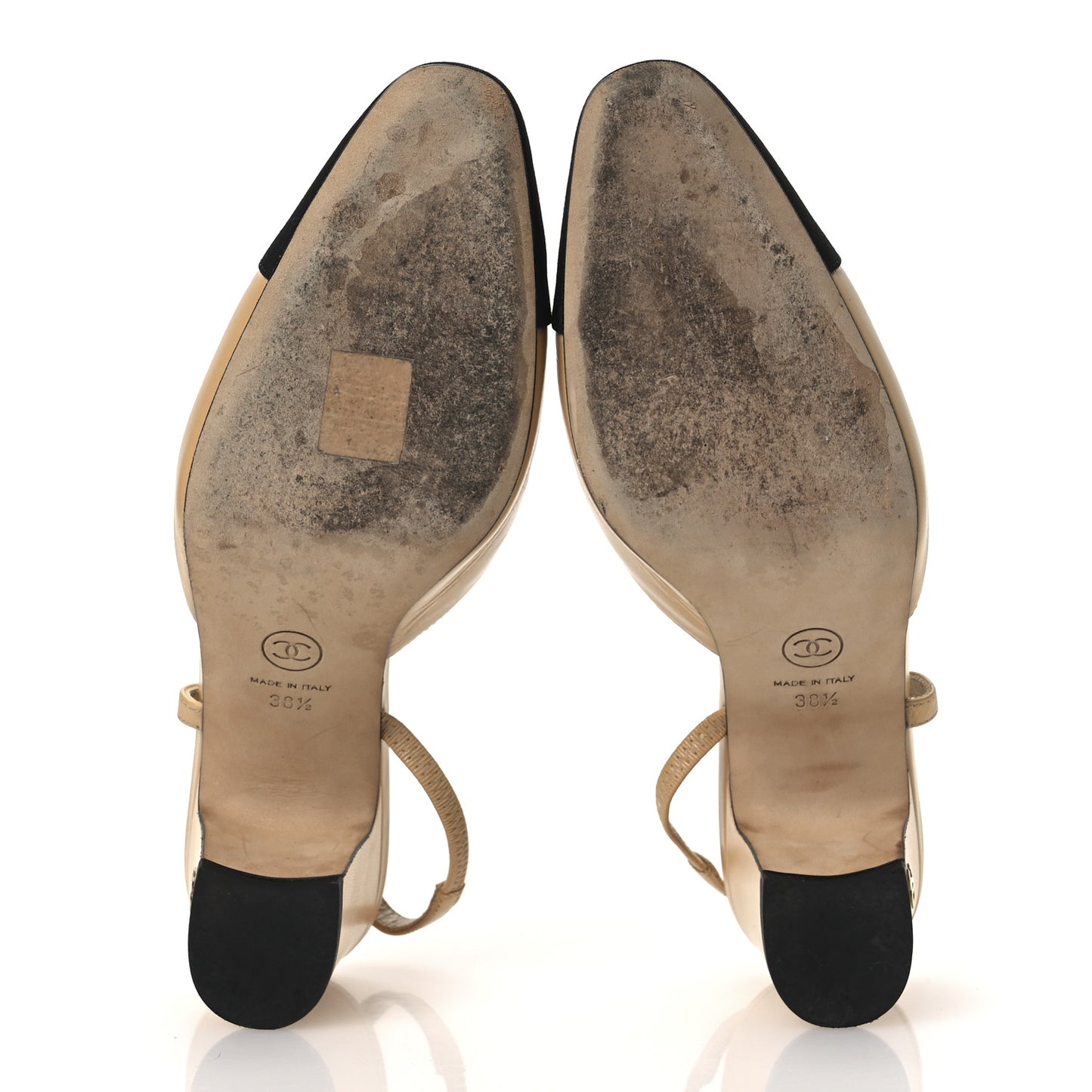 Goatskin Grosgrain Cap Toe CC Slingback Pumps 38.5 Beige Black