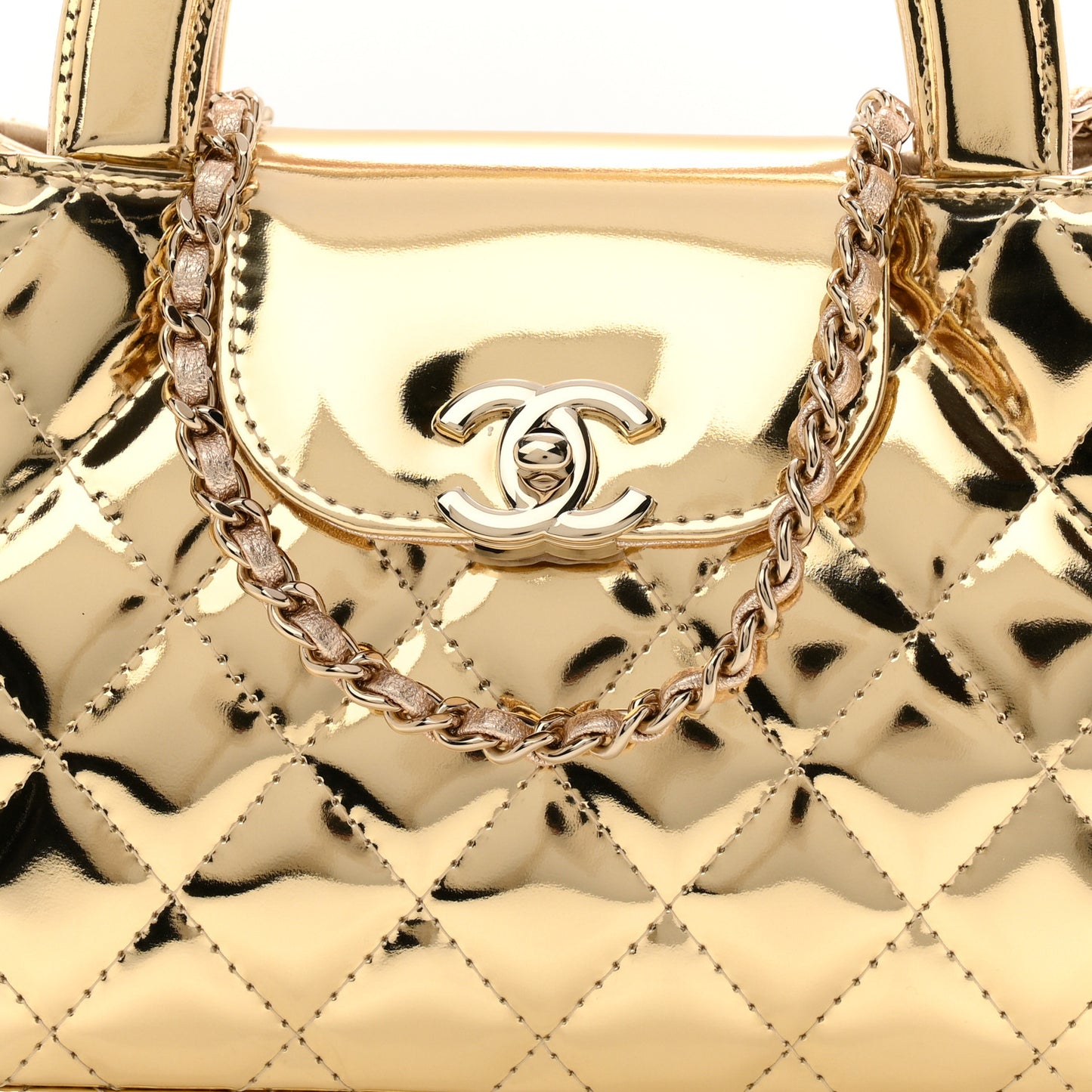 Mirror Calfskin Metallic Calfskin Quilted Nano Kelly Shopper Gold