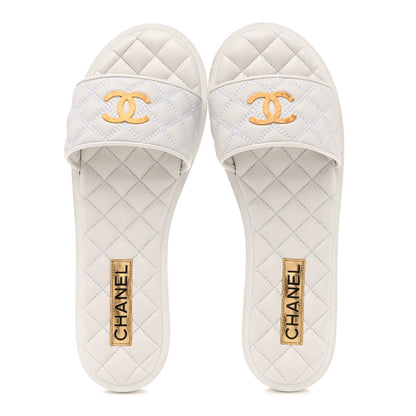 Chanel Lambskin Quilted Textured CC Mules Sandals 41.5 White 2 of 10