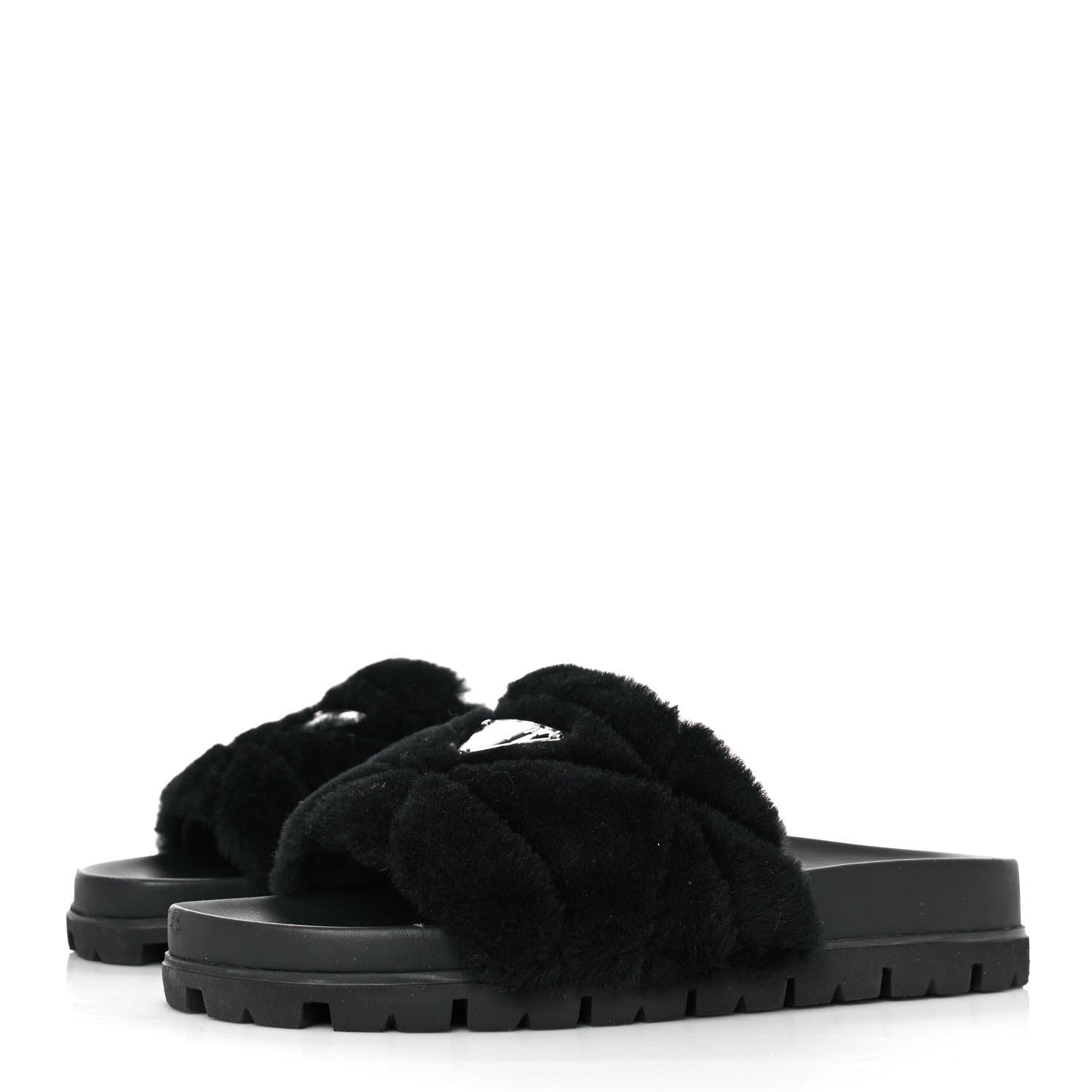 Prada Montone Metal Triangle Logo Lug Sole 20mm Slide Sandals 37.5 Black 3 of 9