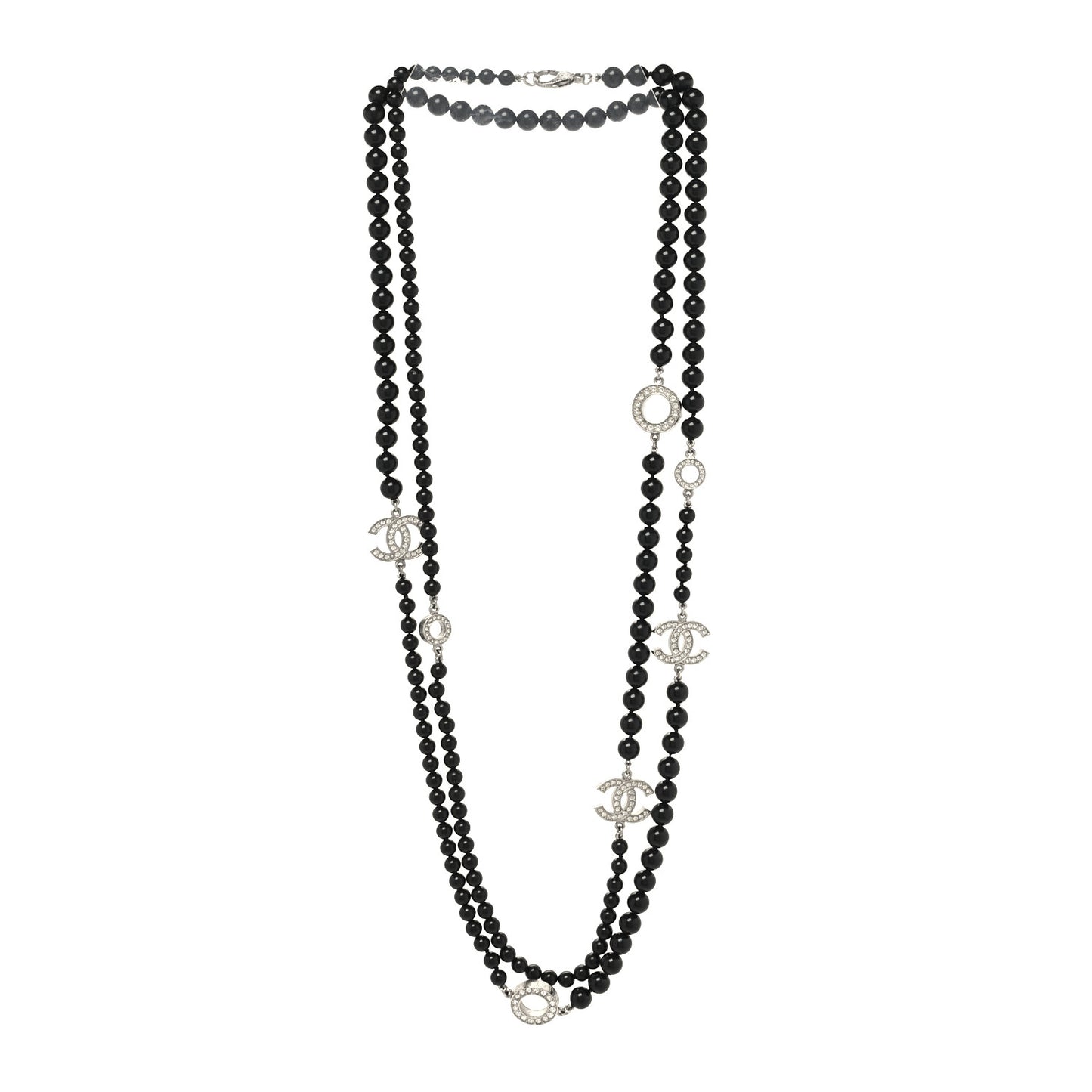 Ruthenium Crystal Baguette Pearl Beaded CC Long Necklace Black
