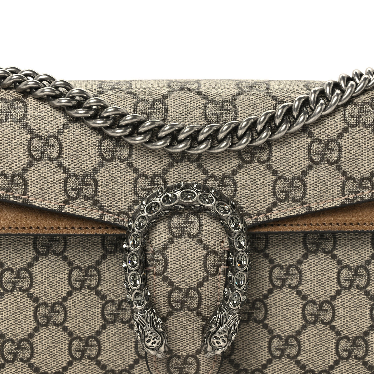 Gucci GG Supreme Monogram Suede Crystal Small Dionysus Shoulder Bag Beige Ebony Taupe 7 of 9