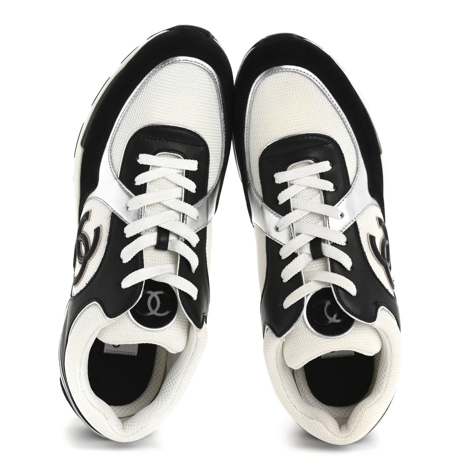 Chanel Mesh Suede Calfskin Mens CC Sneakers 45 White Silver Black 2 of 9
