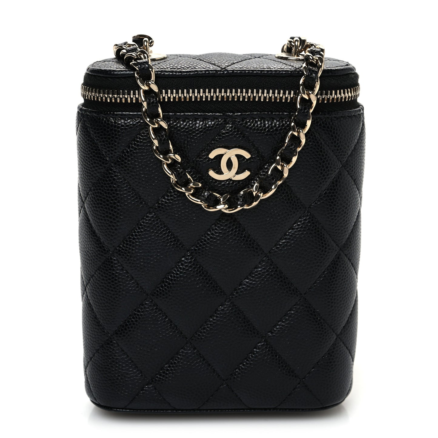 Caviar Quilted Small Vertical Coco Beauty Vanity Case With Chain Black