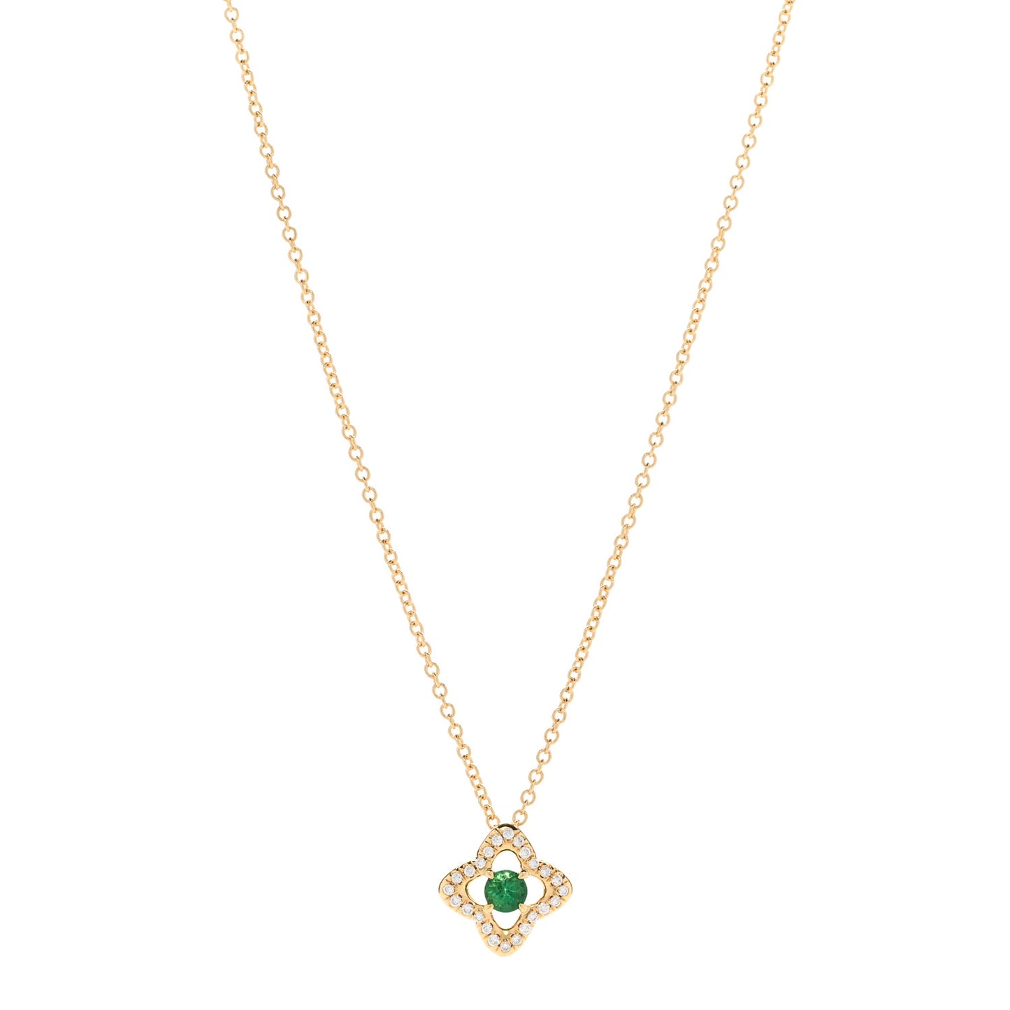 18K Yellow Gold Diamond Emerald Venetian Quatrefoil Pendant Necklace