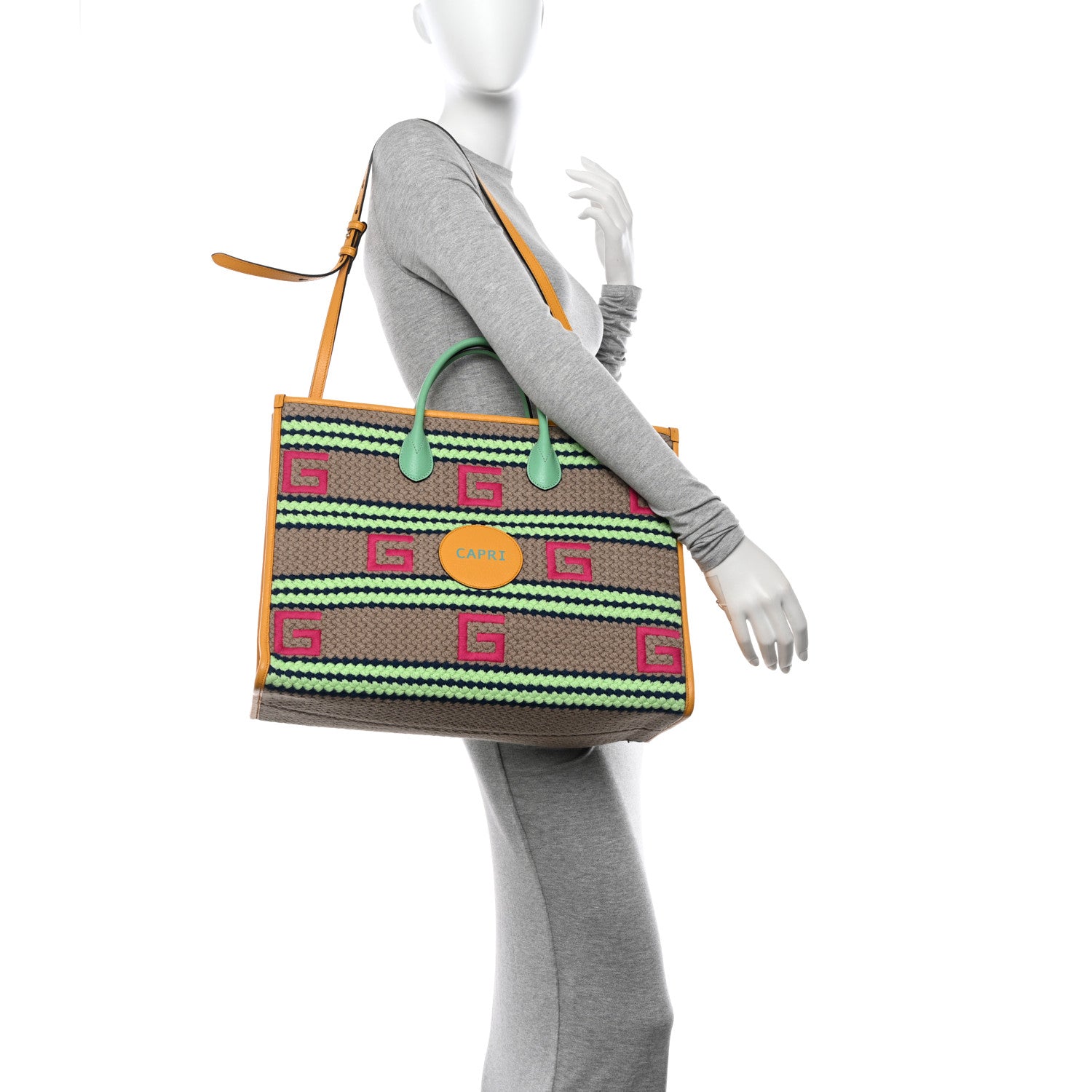 Gucci Fabric Embroidered Capri Striped Tote Bag Yellow 2 of 10