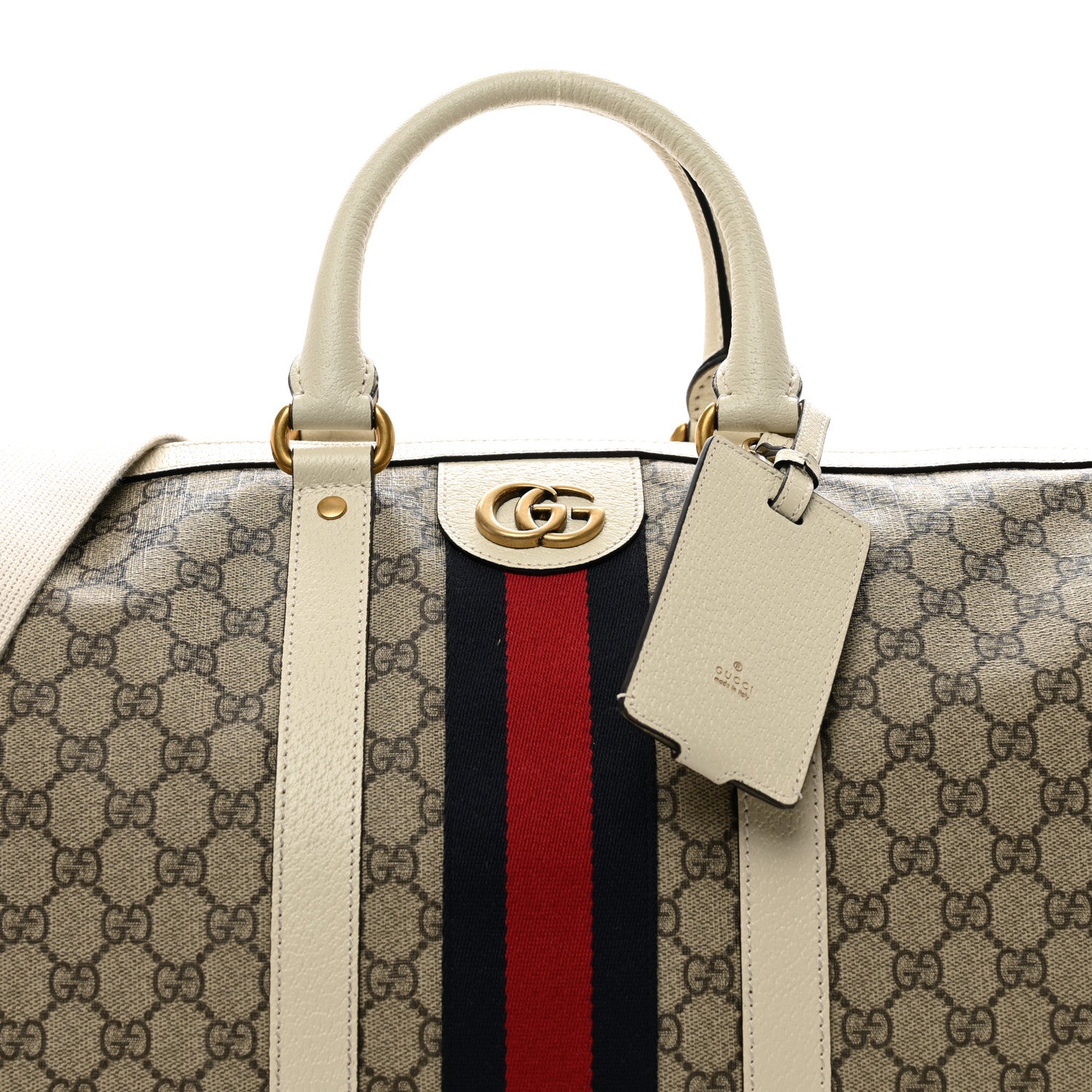 Gucci GG Supreme Monogram Textured Dollar Calfskin Web Medium Ophidia Duffle Bag Beige Ebony Mystic White 4 of 9