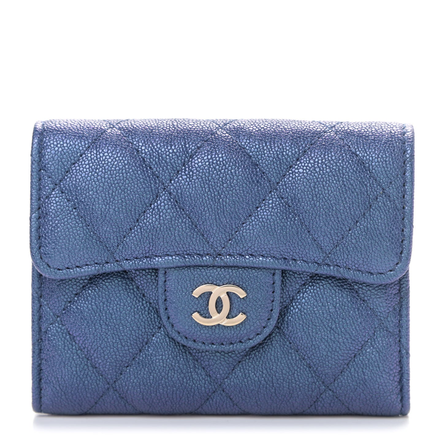 Iridescent Caviar Quilted Flap Card Holder Wallet Dark Blue