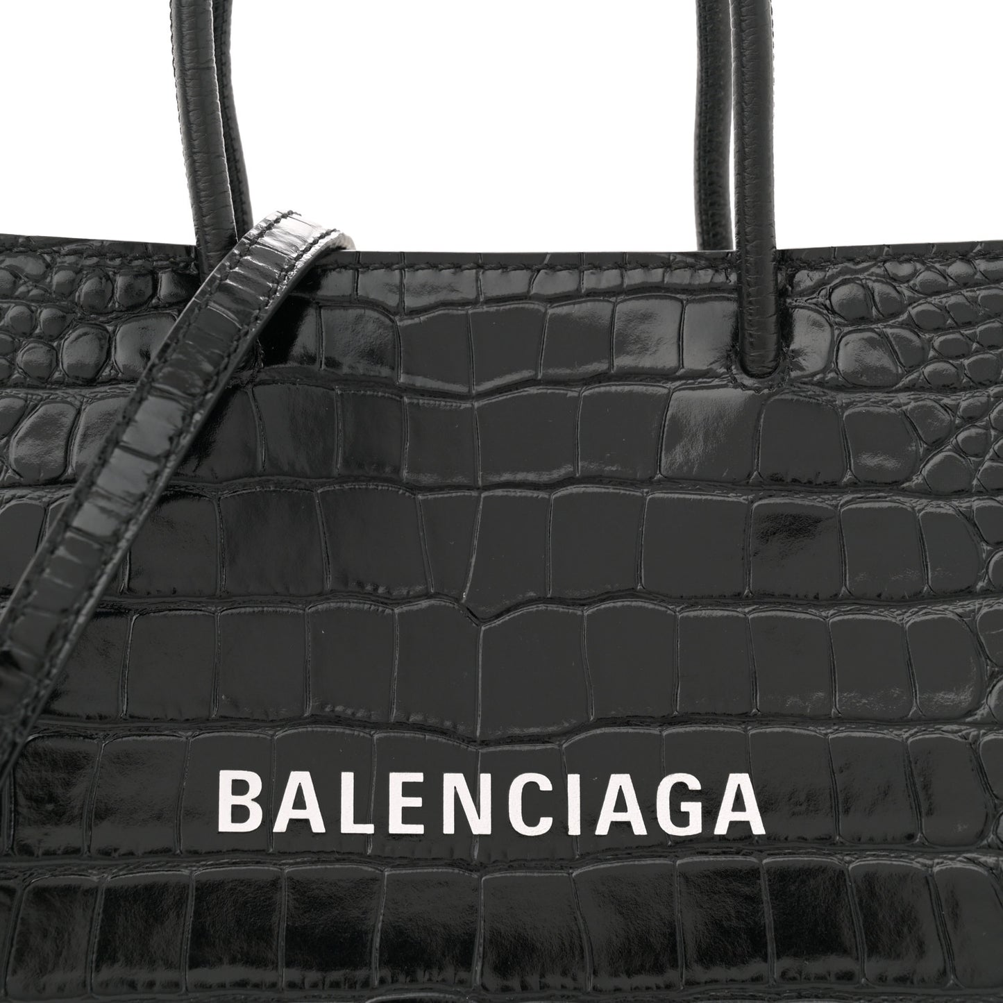 Shiny Calfskin Logo Crocodile Embossed North South Shopper Tote XXS Black White
