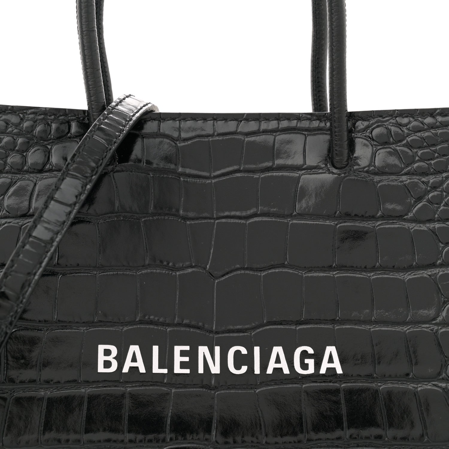 Balenciaga Shiny Calfskin Logo Crocodile Embossed North South Shopper Tote XXS Black White 8 of 10