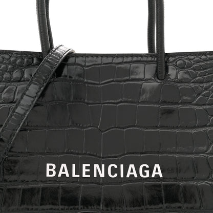 Balenciaga Shiny Calfskin Logo Crocodile Embossed North South Shopper Tote XXS Black White 8 of 10