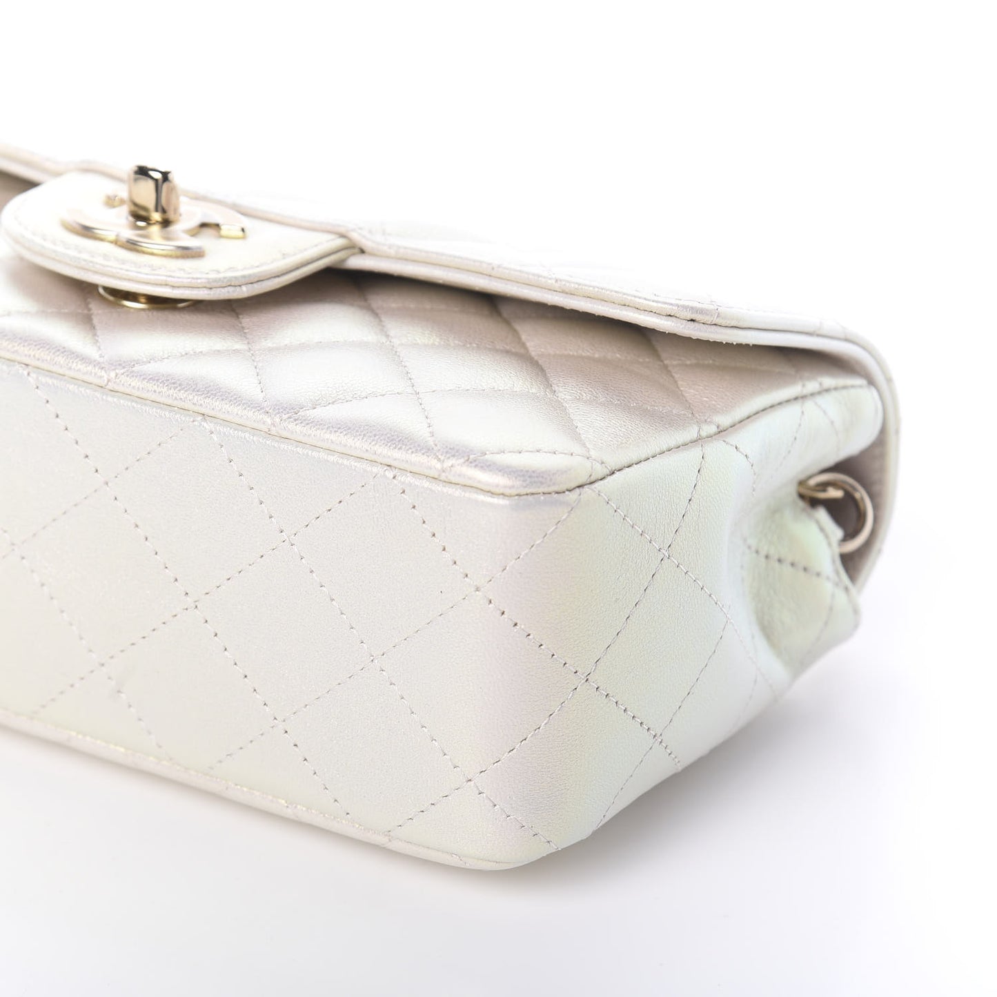Iridescent Lambskin Quilted Mini Rectangular Flap Ivory