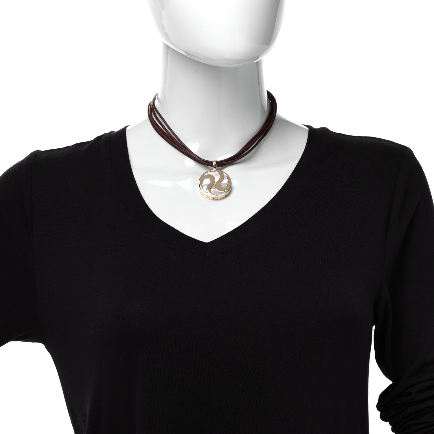 Bulgari Stainless Steel 18K Yellow Gold Leather Mother of Pearl Optical Illusion Pendant Necklace 2 of 7