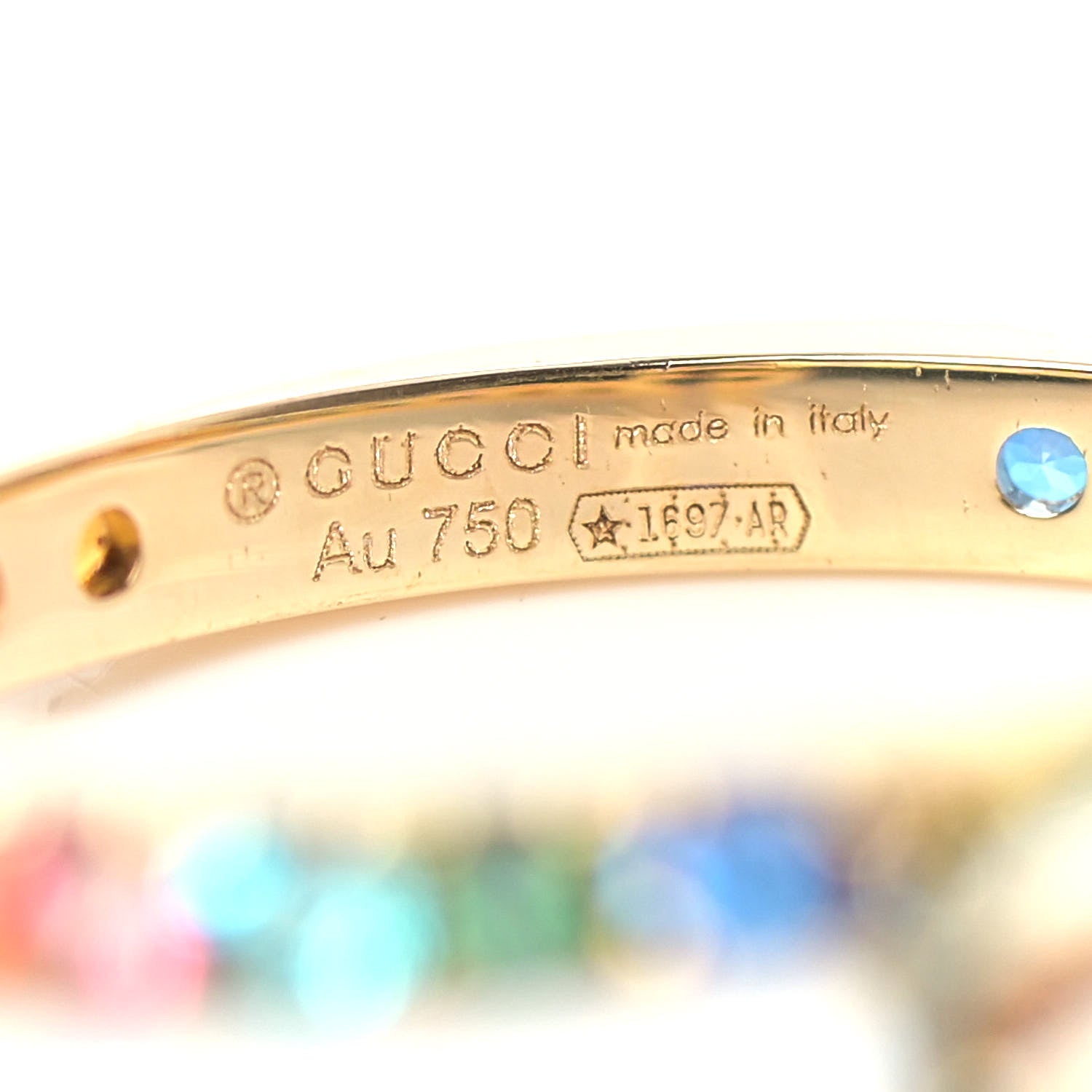 Gucci 18K Yellow Gold Mixed Gemstone Running GG Ring 54 6.75 4 of 5