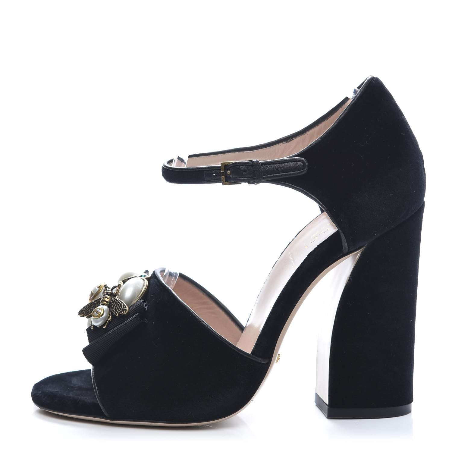 Gucci Velvet Pearl Bee Embellished Sandals 37.5 Black 1 of 8
