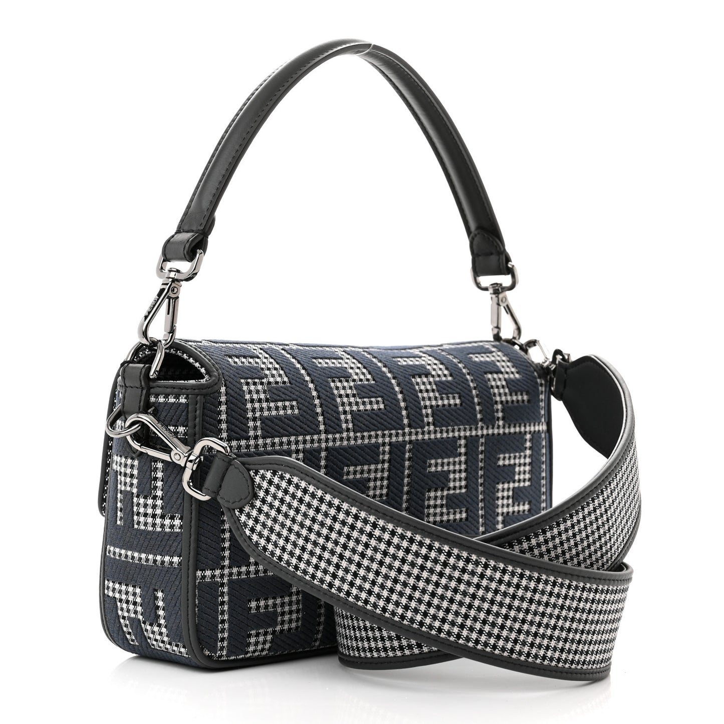 Wool Vitello King Houndstooth FF Embroidered Baguette Grigio Anthracite