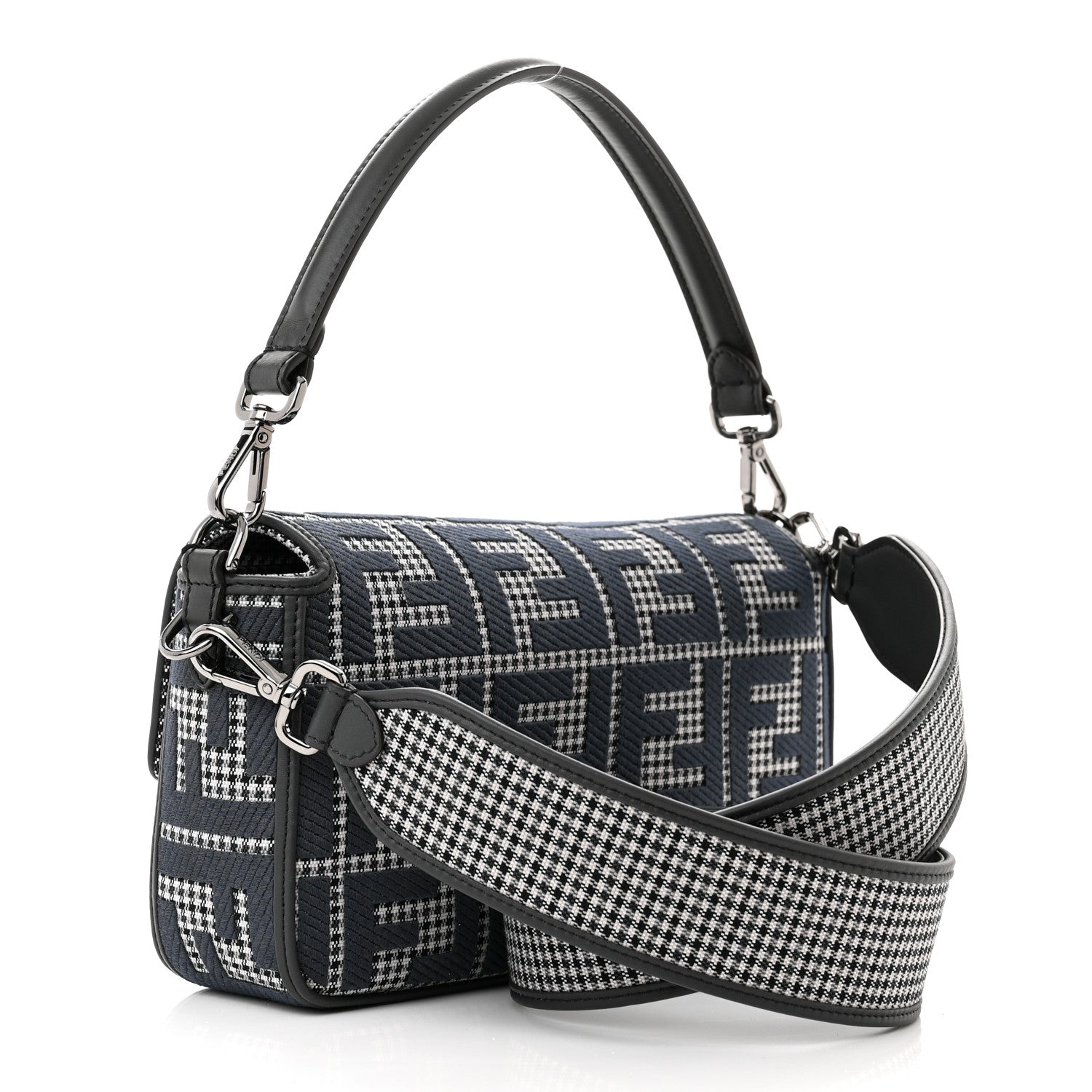 Fendi Wool Vitello King Houndstooth FF Embroidered Baguette Grigio Anthracite 3 of 10