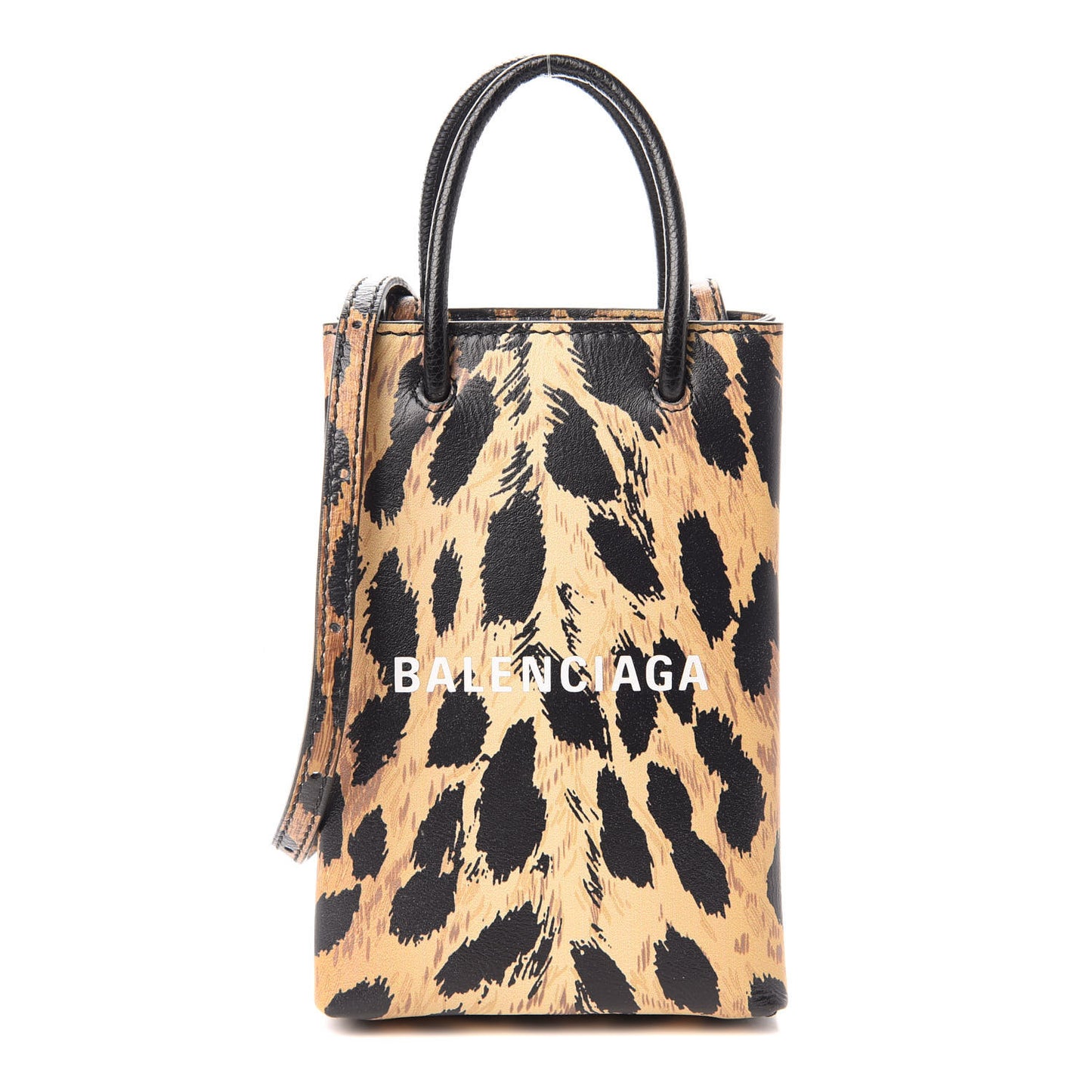 Smooth Calfskin Leopard Print Logo Shopping Phone Holder Bag Beige Black