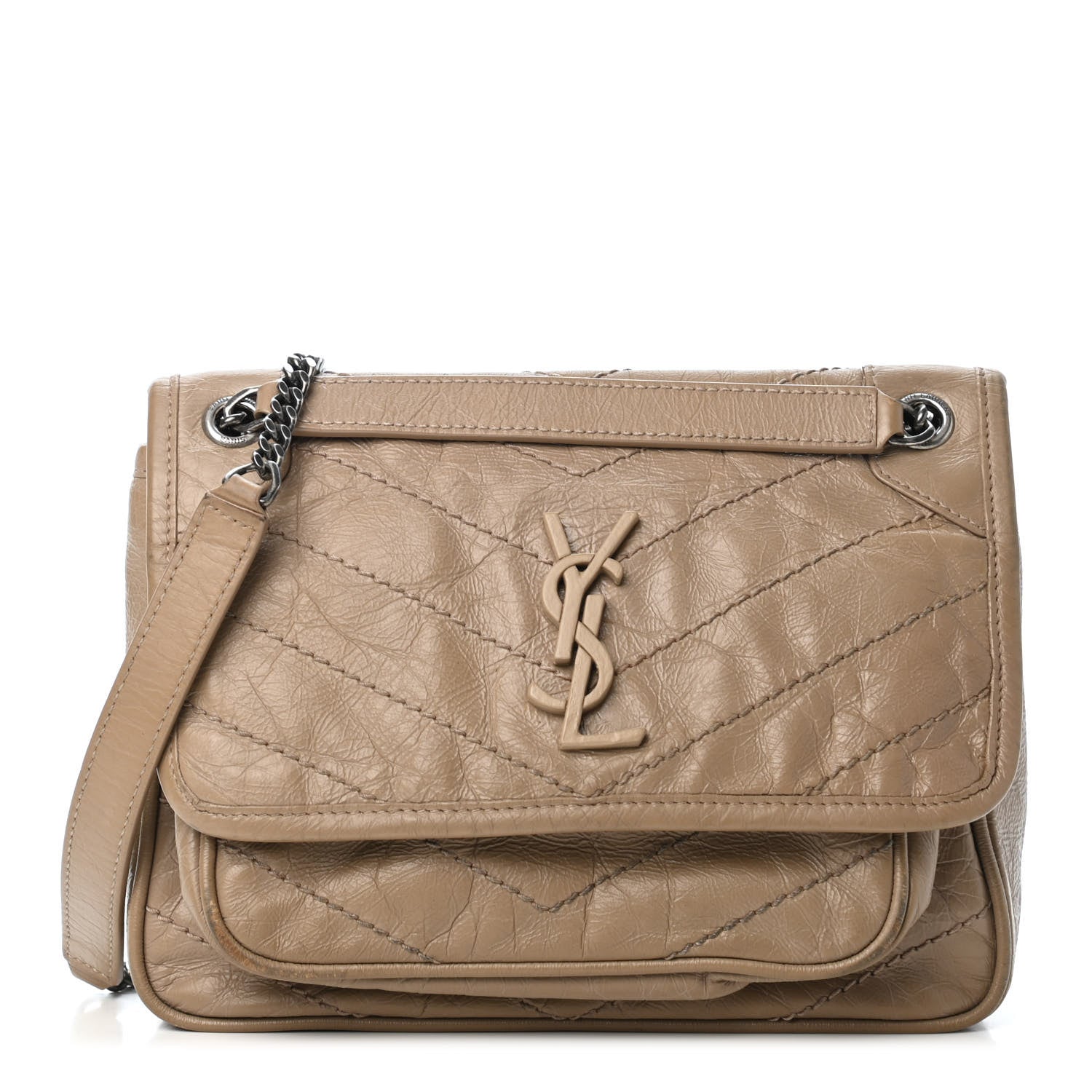 Saint Laurent Crinkled Calfskin Matelasse Monogram Baby Niki Chain Satchel Light Taupe 1 of 5