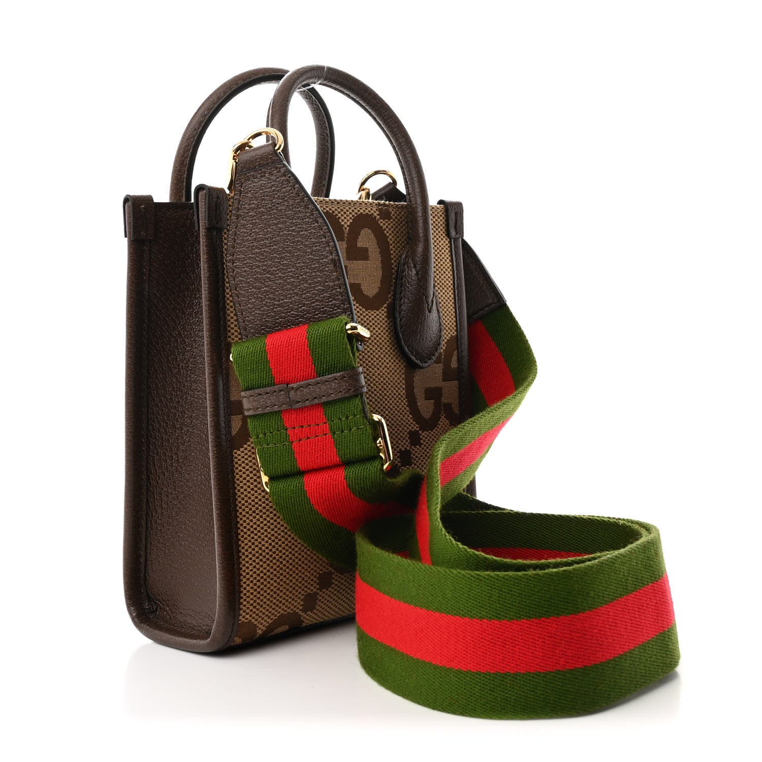 Gucci Monogram Jumbo GG Textured Dollar Calfskin Web Mini Vertical Tote Camel Ebony New Acero 3 of 10