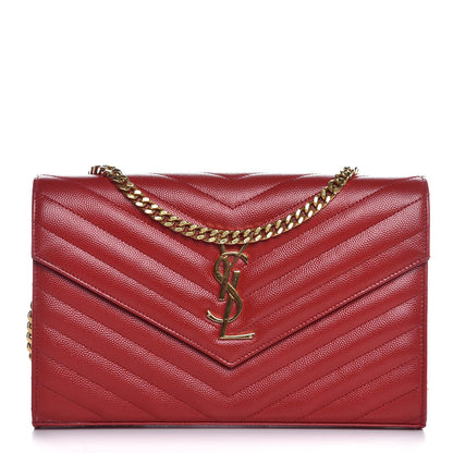 Saint Laurent Grain De Poudre Matelasse Chevron Monogram Chain Wallet Red 1 of 9