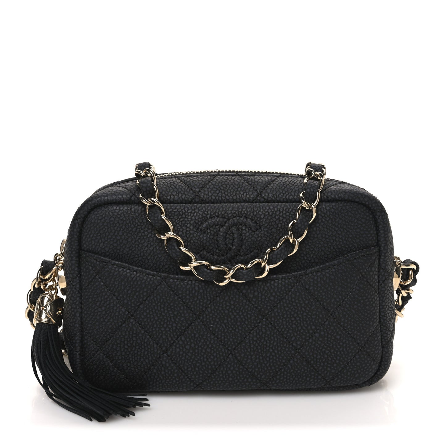 Iridescent Caviar Quilted Mini Coco Tassel Camera Case Black Black