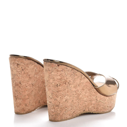 Jimmy Choo Metallic Patent Calfskin Perfume Cork Wedge Sandals 39.5 Gold 4 of 11
