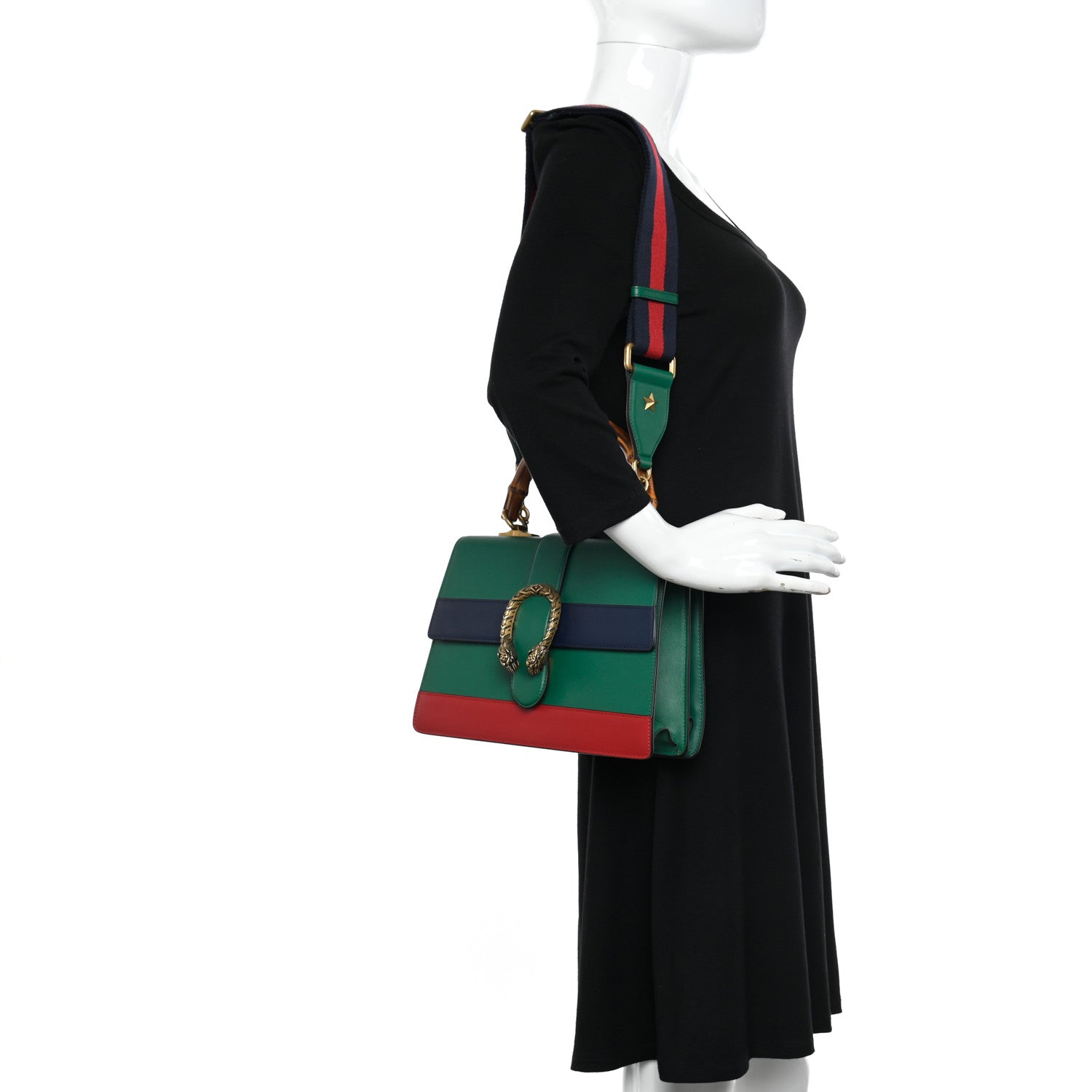 Gucci Moon Calfskin Web Medium Dionysus Bamboo Top Handle Bag Emerald Blue Hibiscus Red 2 of 10