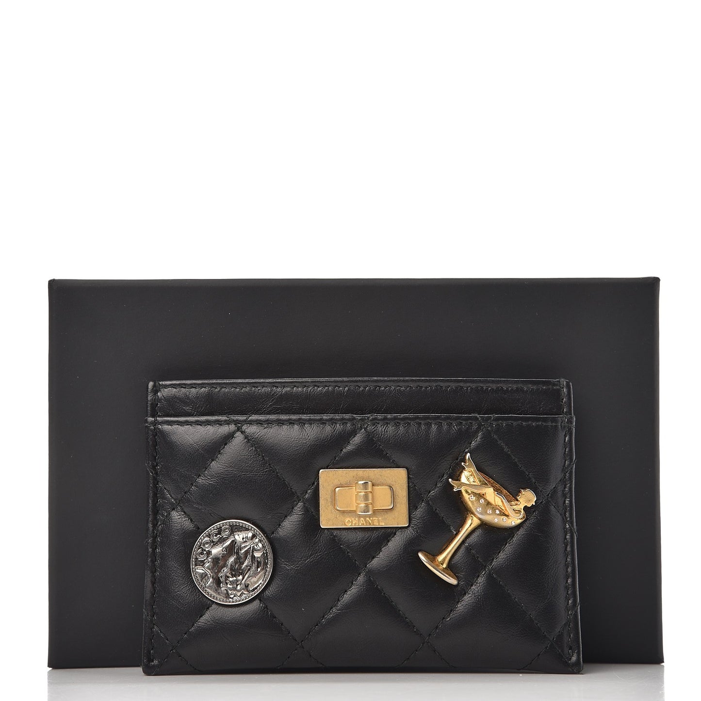 Aged Calfskin Quilted Lucky Charms Reissue Card Holder Black