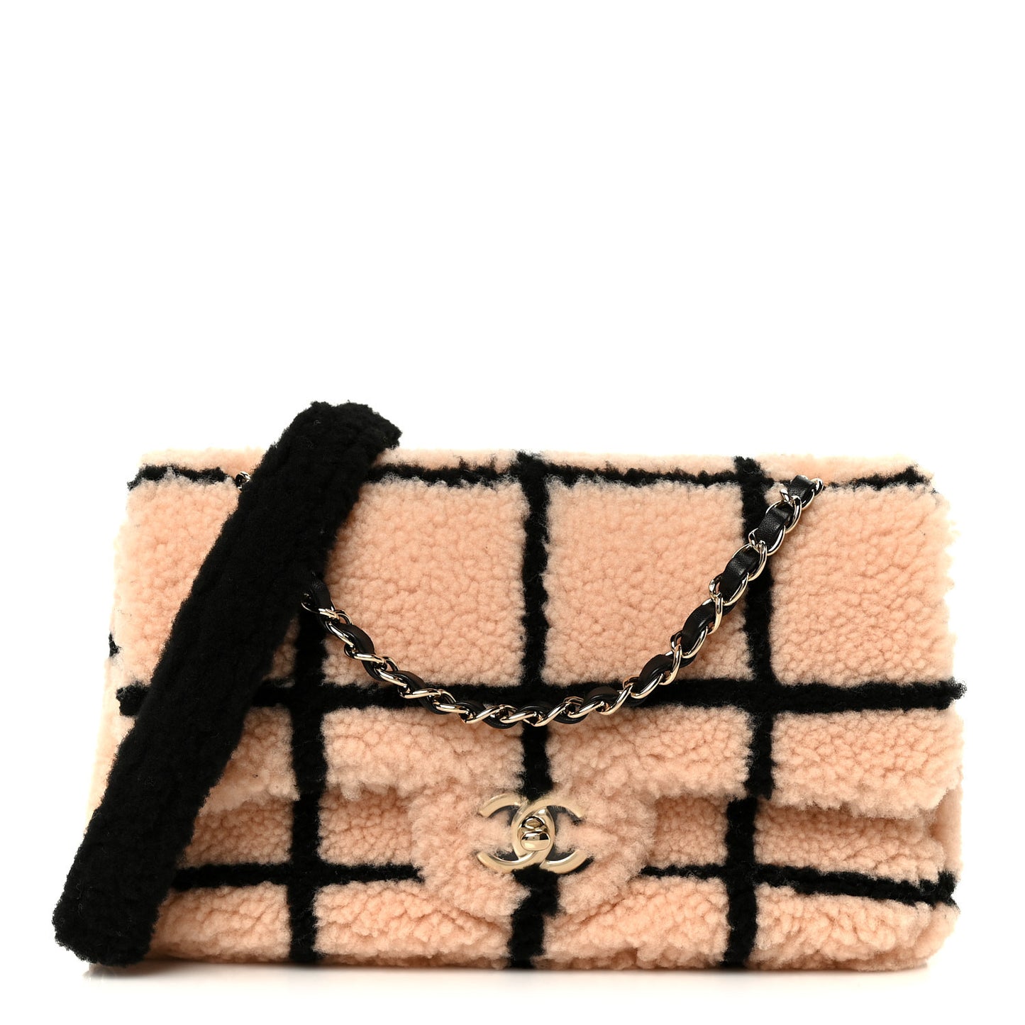 Shearling Lambskin Large Fluffy Tartan Single Flap Pink Black
